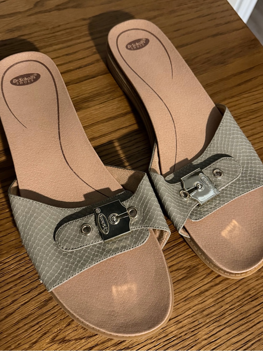 Dr. Scholl's Beige Taupe So Original Slides with Silver-Tone Buckle